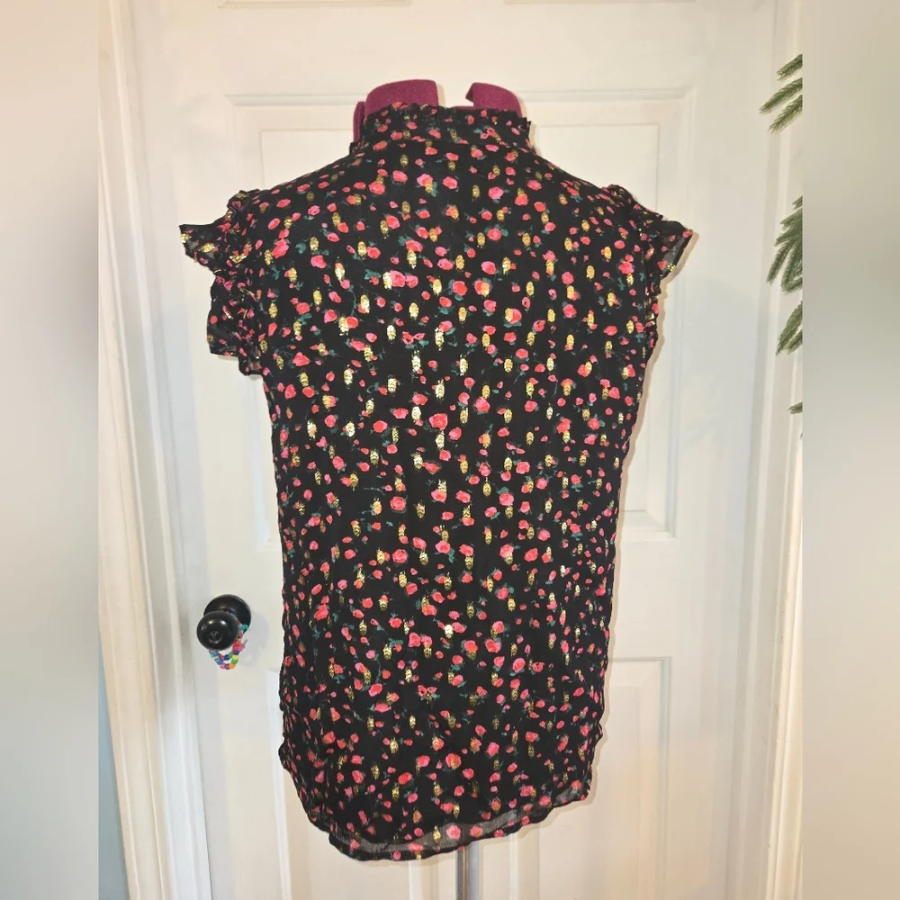 J. Crew Black Red Gold Ruffle Flutter Sleeve Floral Top Medium